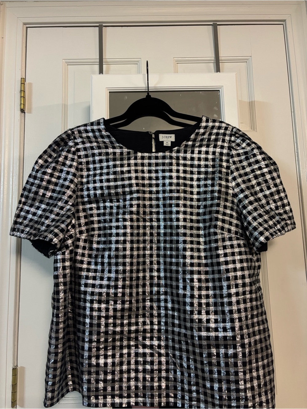 J. Crew Black and Silver Checked Top